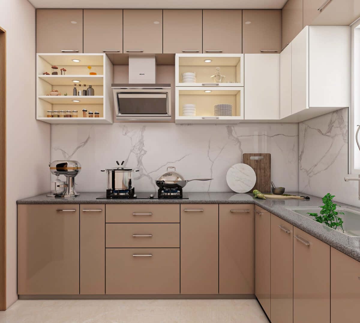 Modular kitchen with beige cabinetry and marble backsplash
